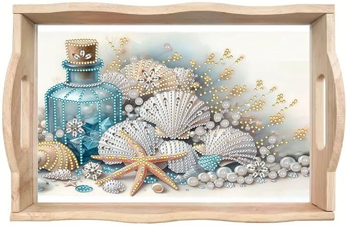 DIY Diamond Serving Tray Rectangular Breakfast Tray with Handle Handmade Diamond Art Painting Wooden Tray for Dinner Plate Coffee Room Living Home Organizer-Shell