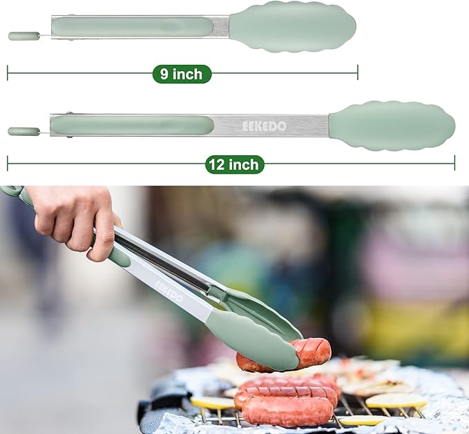 Tongs for Cooking, 600ºF High Heat-Resistant Stainless Steel Kitchen Tongs with Silicone Tips, Non Scratch, Locking Tong for BBQ Grilling Air Fryer Food Salads, Set of 2 (9" and 12") Sage Green