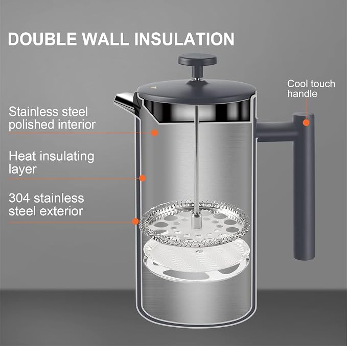 Secura French Press Coffee Maker, 304 Grade Stainless Steel Insulated Coffee Press with 2 Extra Screens, 34oz (1 Litre), Grey (Pack of 2)