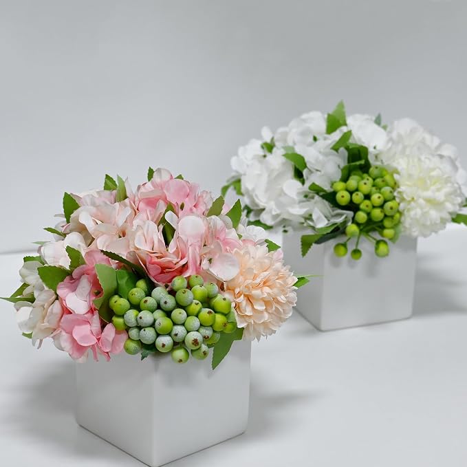 Artificial Flower Arrangement in Ceramic Vase Pink Hydrangea Home Decor | Artificial Pink Hydrangea Potted Flowers with White Vase, Fake Peony Green Berry Floral Decor for Home Office Wedding Table