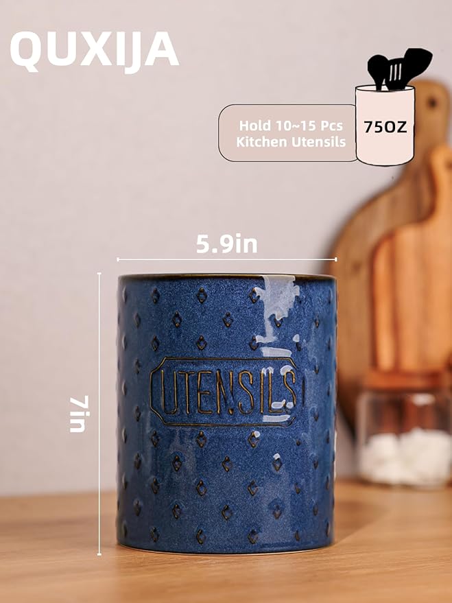 Ceramic Utensil Holder, 7" Utensil Crocks for Kitchen Counter, Cooking Utensil Organizer with Countertop Protection, Farmhouse Kitchen Decor (Vintage Blue, 7")
