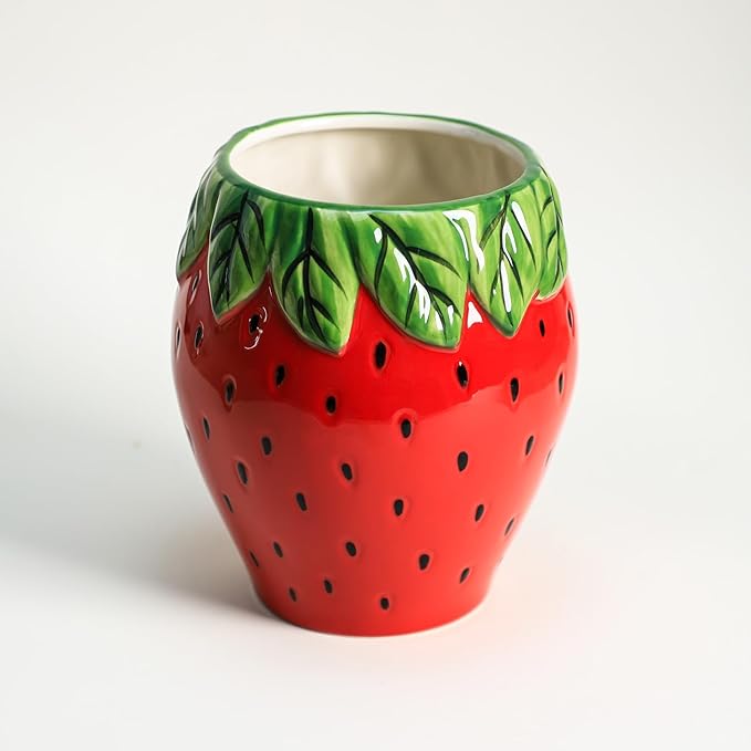 Strawberry Shaped Ceramic Kitchen Utensil Holder, Large Cooking Utensil Crocks for Kitchen Countertop, Ceramic Utensil Organizer for Spatula, Kitchen, Home Decoration-Retro Red