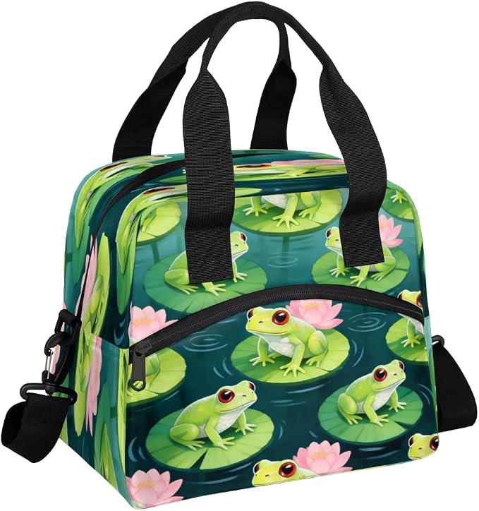 Frog Lotus Pond Pattern Insulated Lunch Bag for Women Men Reusable Lunch Box Cooler Bag Large Leakproof Lunch Tote with Adjustable Shoulder Strap for Adult Work Picnic Camping Beach Office