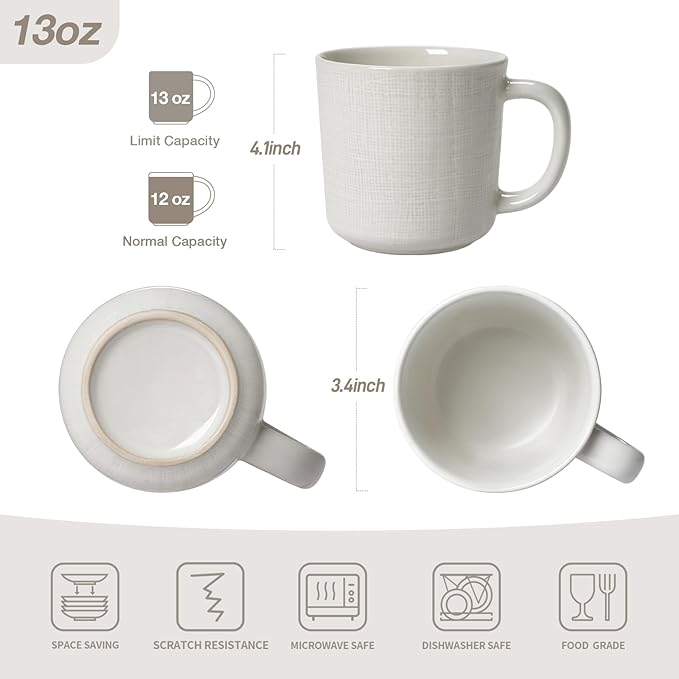 famiware Moonlight Coffee Mug Set of 4, 14oz Mug Set with Linen Finish, Coffee Cup Set with Handle for Latte, Cappuccino, Tea, Hot Cocoa, Microwave and Dishwasher Safe, White