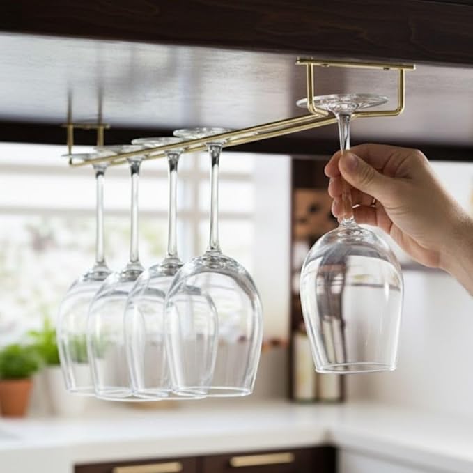 Soro Essentials- 24" Glass Hanging Stemware Rack Brass Plated Set of 2- Wine Glass Hangers Under Shelf Cabinet Wire Wine Holder Storage Hanger for Cabinet Kitchen Bar or Home