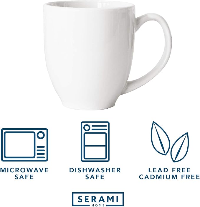 Serami 14oz Bistro White Mugs for Coffee or Tea. Large Handles and Ceramic Construction, Set of 4