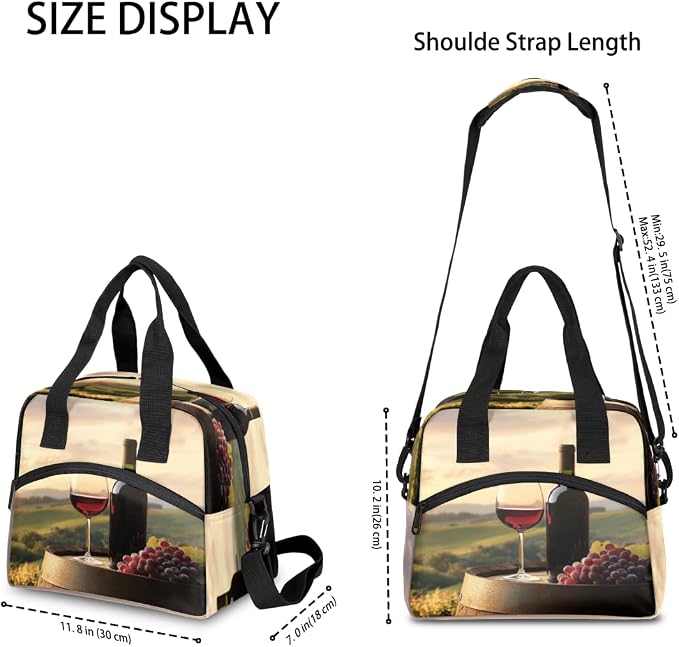 Wine Field Pattern Insulated Lunch Bag for Women Men Reusable Lunch Box Cooler Bag Large Leakproof Lunch Tote with Adjustable Shoulder Strap for Adult Work Picnic Camping Beach Office