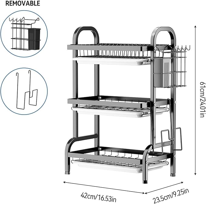 KUK 3 Tier Dish Drying Rack, Stainless Steel Over The Sink Dish with Drain Tray, Kitchen Dishes Drying Racks, Dish Racks for Kitchen Counter Storage (Black)