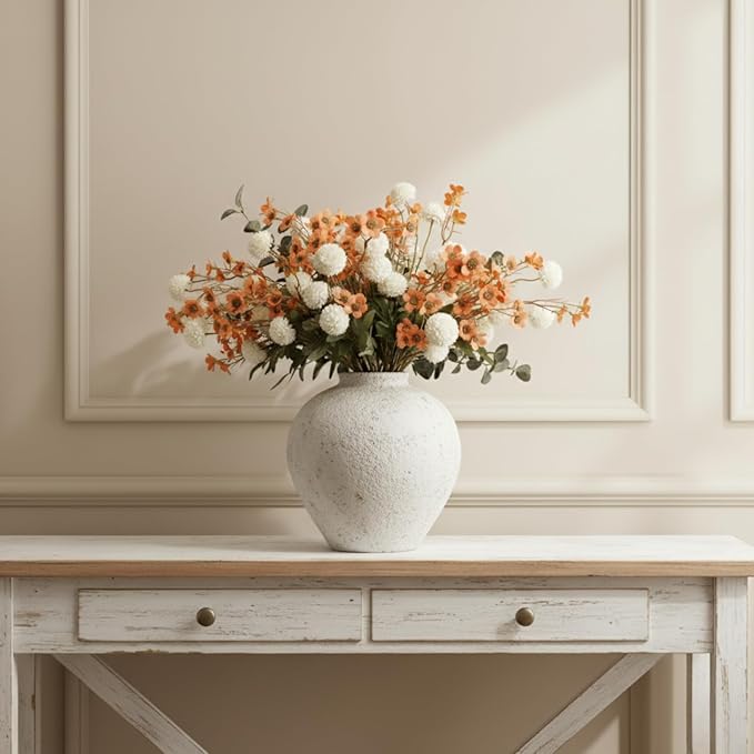 RyddeligHome Artificial White Kiku & Orange Wax Flowers, 22 Long Stems Bulk Silk Flowers for Vases, Spring Floral Stems Arrangements for Home Decor, Centerpieces for Tables, Rustic Decorations