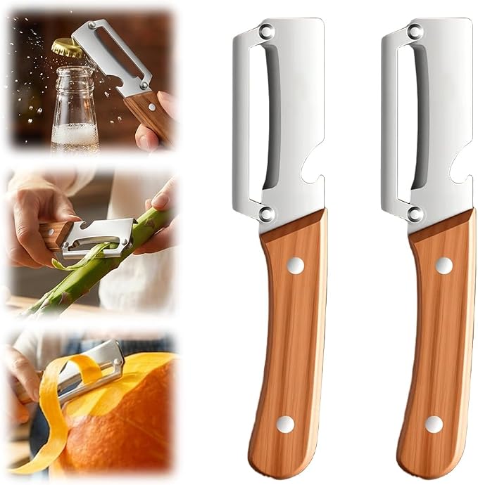 2 Pcs Premium Vegetable Peeler, Multi-Functional Vegetable Stainless Steel Peeler with Wooden Handle and Bottle Opener, Kitchen Gadgets Tool for Vegetables and Fruits, Pumpkin, Potato (Light Brown)