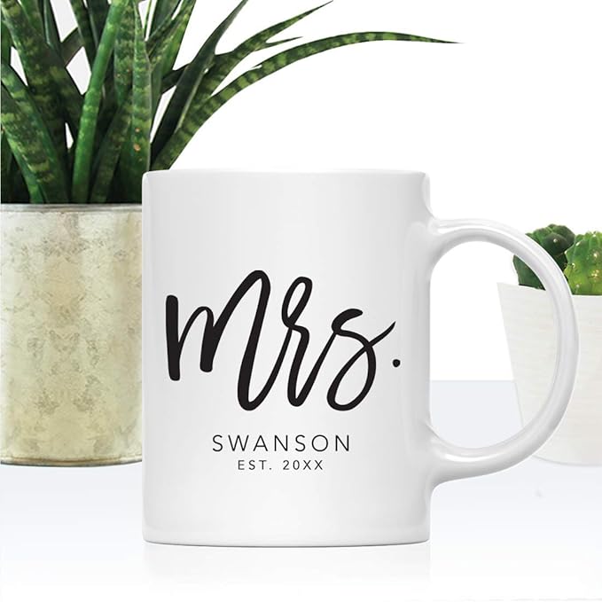Andaz Press Personalized Name 11oz. Ceramic Ceramic Valentines Day Coffee Mugs Wedding Anniversary Couples Gift Set, Mr. Mrs. Johnson Est. 2026, Script Style, 2-Pack, Custom Names, Long Distance Gift