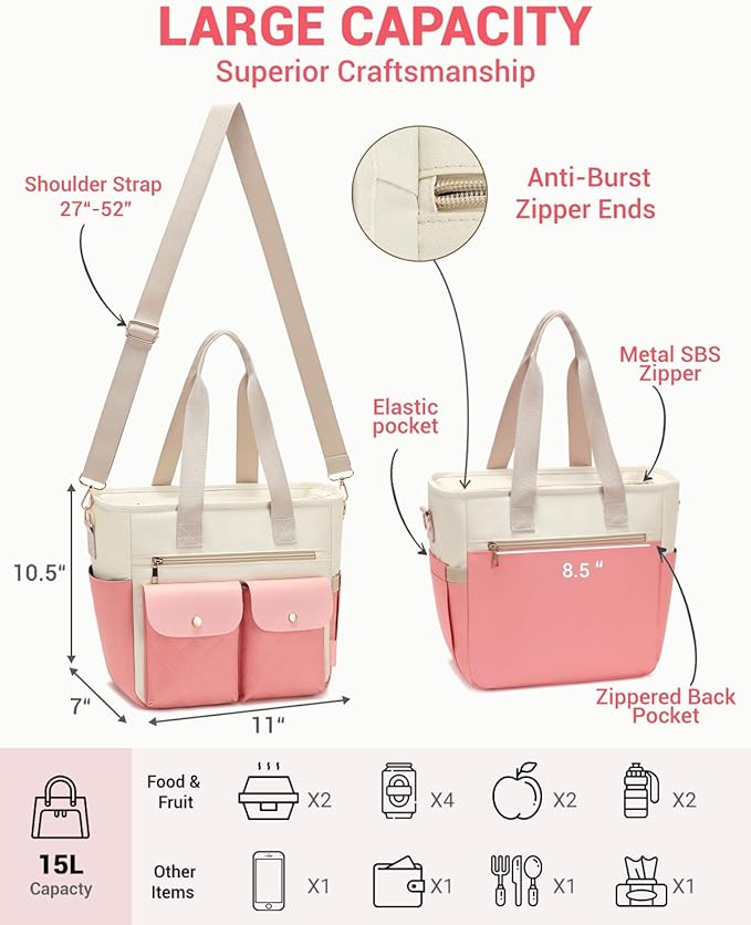 RalChyez Lunch Box for Women, Large Lunch Tote Leakproof Adult Lunch Bag Insulated Lunch Cooler Purse with Storage Pocket for Work Picnic Beach Trip Pink