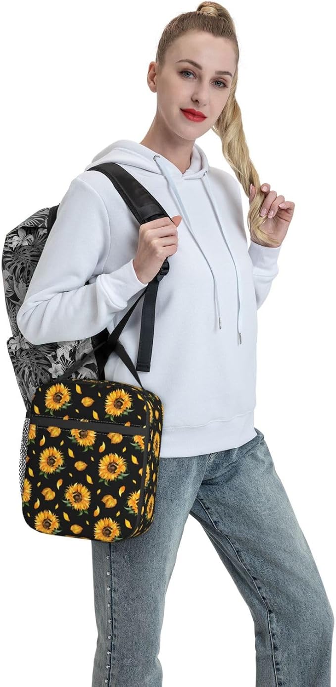 Black Floral Sunflower Lunch Box Insulated Flower Lunch Bag for Women Men Reusable Portable Leakproof Lunchbox Tote Cooler Thermal Bag for Office Work Picnic Travel