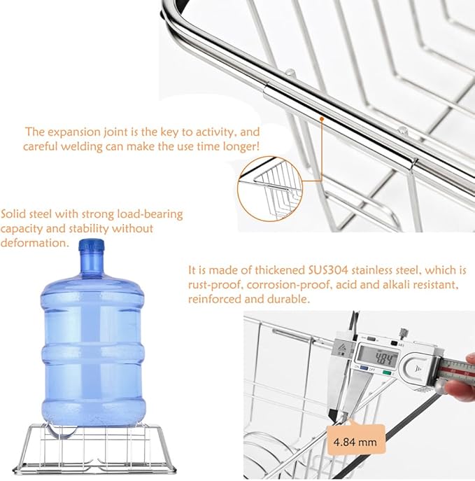 NiuYichee Stainless Steel Dish Drying Rack(15"L x 8.3"W x 4.2"D), Expandable Fruit & Vegetable Drain Rack over Sink, Dish Drainer Rack in Sink, with Stainless Steel Utensil Holder & 16" Silicone Mat