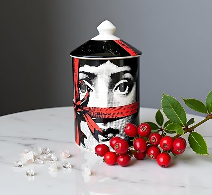 Handcrafted Italian Candle Holder Modern Art Vase with Female Face Design, Elegant Aromatherapy Jar for Tabletop Decor, Ceramic Material (Red Lace)