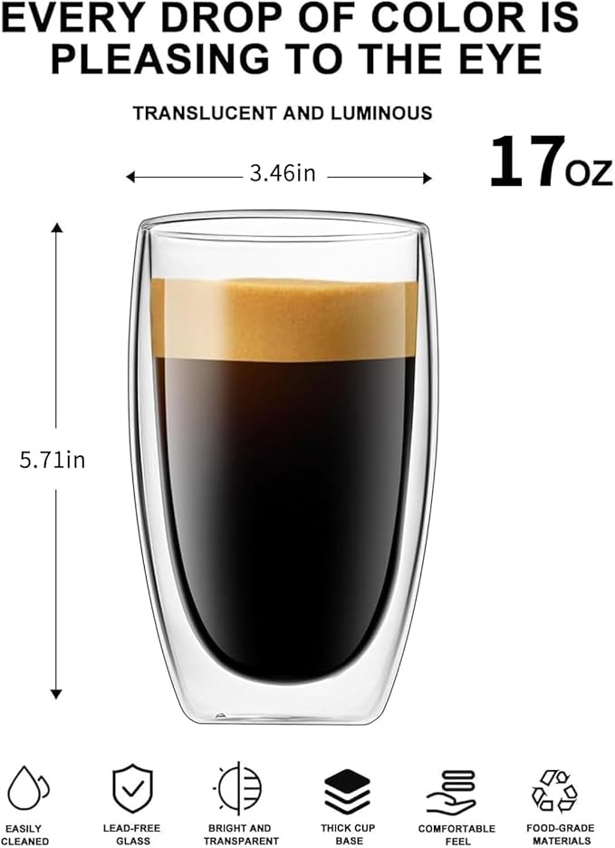 DOPUDO 17oz Double Wall Glass Coffee Mugs Set of 2, Insulated Coffee Mug, Clear Borosilicate Glass Coffee Cups for Cappuccino, Tea, Lightweight and Microwave Safe