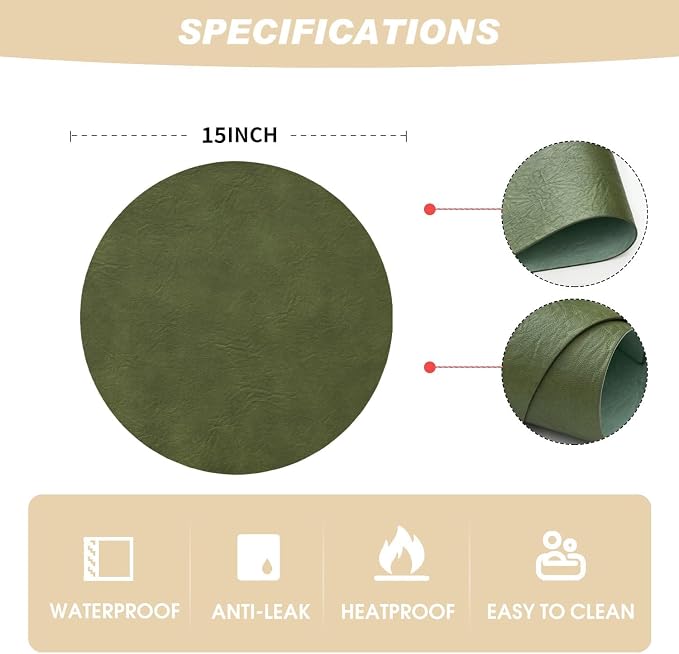 Artoid Mode Olive Green Faux Leather Placemats Set of 8, 15 Inch Waterproof Wipeable Heat Resistant Vinyl Place Mats, Reversible Table Mats for Kitchen Dining Decor