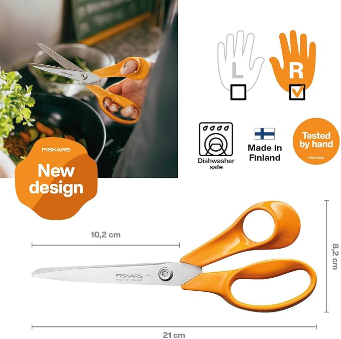 Fiskars Classic Universal Kitchen Scissors, Right-Handed, Total Length: 21 cm, Improved Torx Screw and Ergonomic Handle, Sustainable Packaging, Quality Steel/Plastic, Orange, 1075031