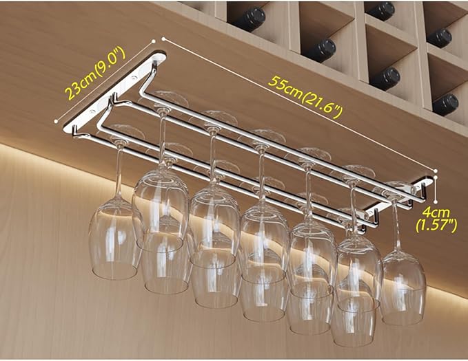 CAKERS Under Cabinet Hanging Stemware Display Rack|304 Stainless Steel Wine Glass Holder|Wine Glass Storage Organizer Hanger,2 Rows,55cm(21.6in)