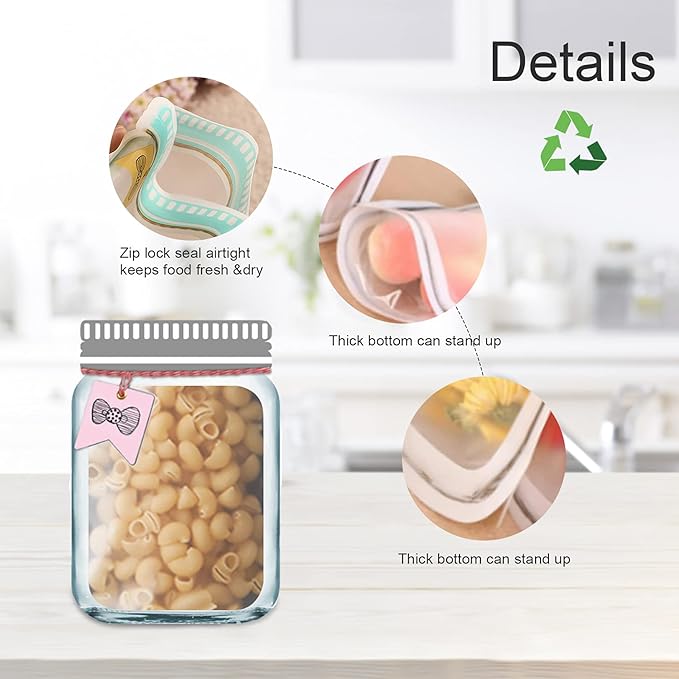 20 Pcs Mason Jar Bags Cute Reusable Food Storage Zipper Bags Leak-Proof Airtight Sealed for Kitchen Travel Camping