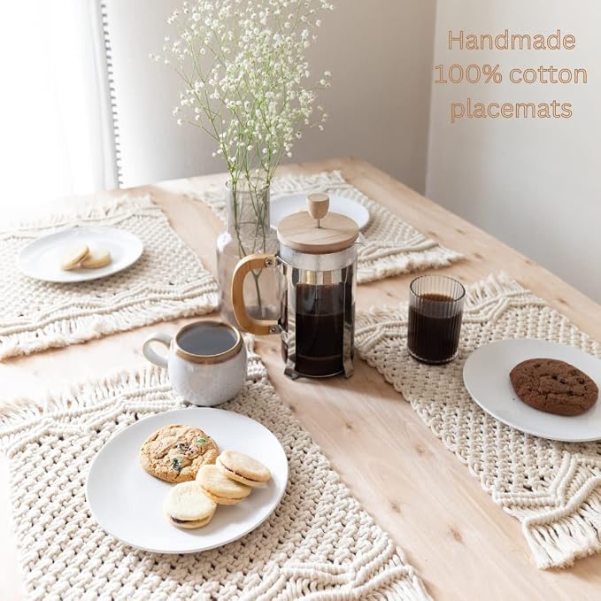 SnugLife Macrame Placemats Set of 6 - Handmade Cotton Woven Boho Placemats - Modern Farmhouse Fringe Placemats for Dining Table, Kitchen, Bohemian Wedding Décor, Rustic Natural Off White, 12”x20”
