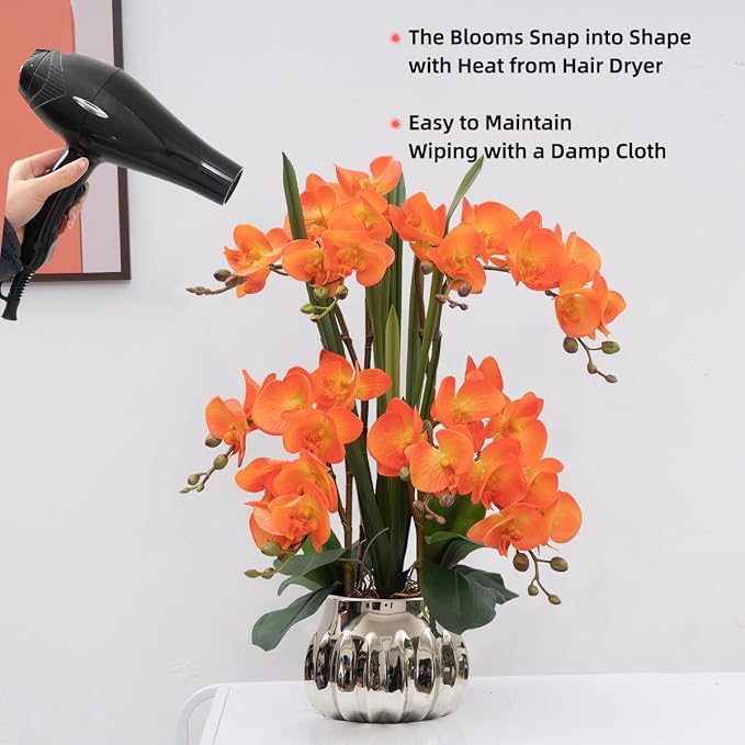 CXGS Artificial Orchid Flower Real Touch Faux Orchids in Ceramic Vase Large 22.9'' Fake Flowers Orange Phalaenopsis Floral for Home Indoor Decor