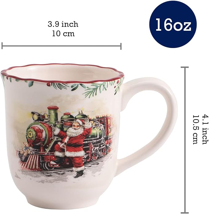 Bico Santa on the Way Ceramic Mug Set of 4, Christmas Coffee Mugs, 16oz Holiday Cups for Tea, Cocoa, or Hot Drinks, Microwave & Dishwasher Safe