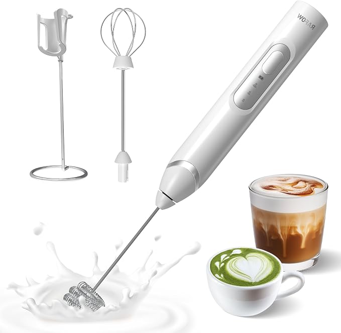 RAFOW Handheld Electric Milk Frother: Rechargeable Frother Wand with Stand, 3 Speeds & Detachable Double Whisk Drink Mixer, Froth Stirrer for Latte, Cappuccino, Cream, Matcha, Dalgona Coffee - White