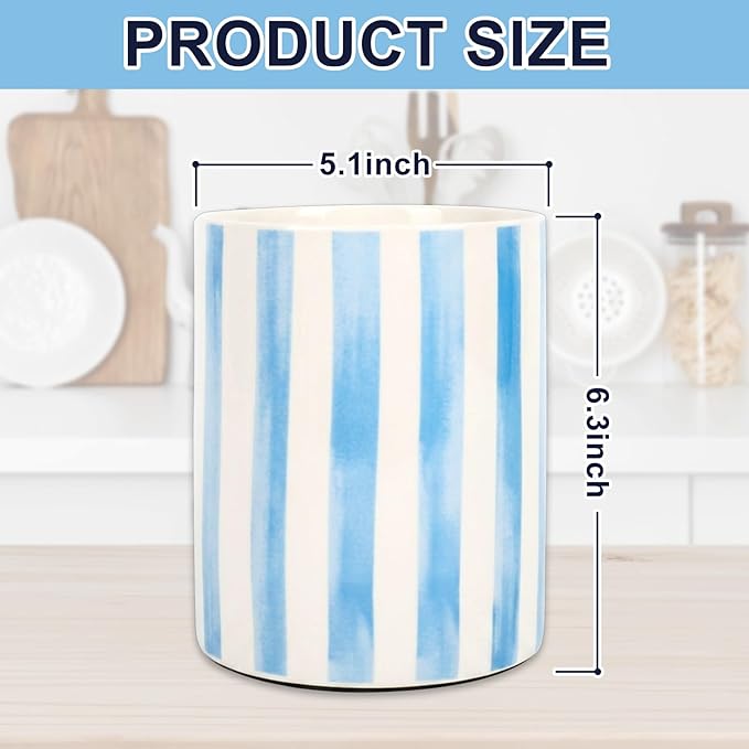 JarThenaAMCS Blue White Stripe Ceramic Utensil Holder Utensil Crock for Home Kitchen Countertop Storage Organizer Container
