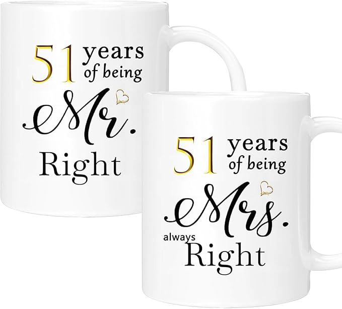 51th Anniversary Coffee Mugs Set of 2, 51 Year Anniversary Wedding Gifts Decorations for Couple Parents Grandparents Men Women Husband Wife Him Her, Gift Box Packaging, 11oz