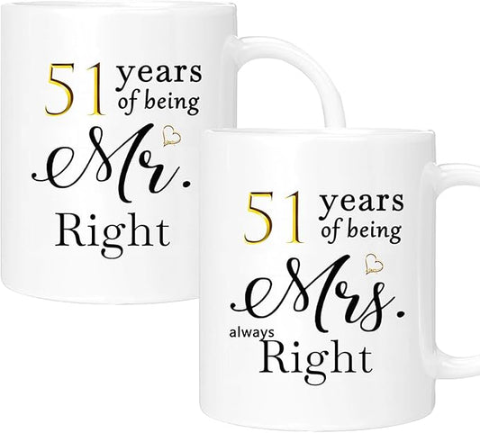 51th Anniversary Coffee Mugs Set of 2, 51 Year Anniversary Wedding Gifts Decorations for Couple Parents Grandparents Men Women Husband Wife Him Her, Gift Box Packaging, 11oz