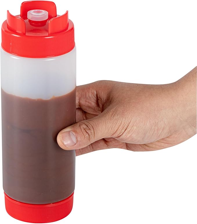 Restaurantware Plastic Squeeze Bottle 20 oz Refillable Condiment Bottle Large Valve Dishwashable Red Inverted Sauce Dispenser For Thick Condiments, Dressings, Batter, Sour Cream, And Syrups