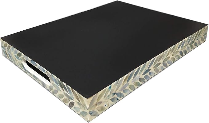 i-lan Creative Rectangular Mother of Pearl Severing Tray Lacquer Wooden Decorative Tray Handmade Shell Serving Tray with Handles and 2 Inch Side, Large Beige Blue Inlay Nacre Ottoman Tray (15.75")