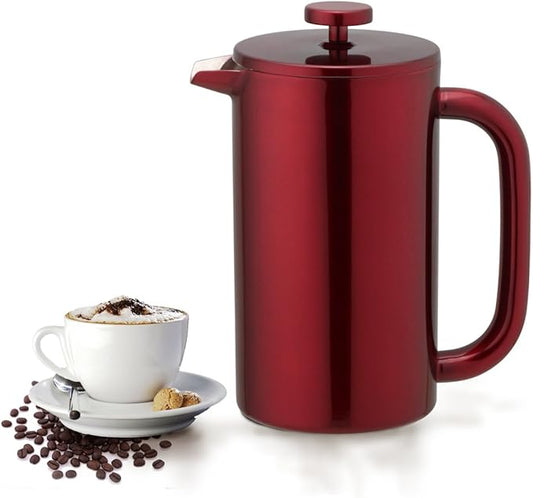 8-Cup Double Wall Insulated Stainless Steel French Coffee Press, 32-Ounce Durable Coffee Tea Maker with Stainless Steel Plunger, Red