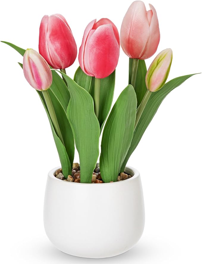 Hollyone Pink Tulips Artificial Flowers in Vase Fake Tulips Silk Flowers Arrangements Faux Tulip Bulbs with Ceramic Pot Tulip Potted Plants Floral Bouquet for Home Decor Table Centerpiece Decorations
