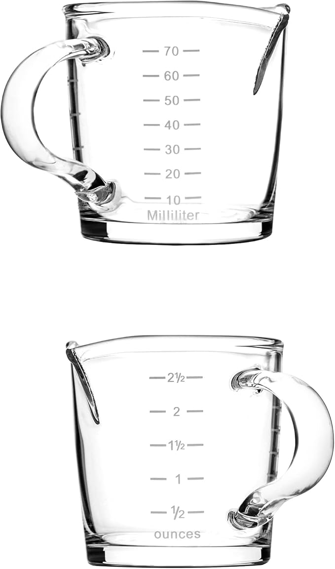 QWORK Espresso Shot Glass with Handle, 2 Pack 3-Ounce Double Spout Glass Measuring Cup Triple Pitcher Milk Cup with Two Scales (OZ&ML)