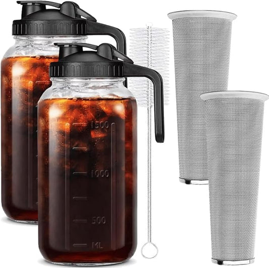 2 Set 64 oz (2 Quart), Black Cold Brew Coffee Maker, Iced Tea Machines, Thick Glass with Pour Spout Handle Lid, Stainless Steel Filter for Iced Coffee, Fruit Drinks or Sun Tea (2)