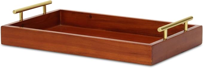Coran Wooden Rectangle Tray | Gold Metal Handles | 6097BR