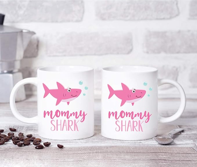 Andaz Press Baby Shark Lesbian Family 11oz. Coffee Mug Gift Set, Mommy Shark, Mommy Shark, 2-Pack, Shark Do Do Do Gift Idea Birthday Christmas Gifts for Mother's Day