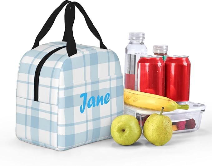 Custom Lunch Bag Plaid Blue Check Personalized Insulated Lunch Box with Name Reusable Cooler Tote for Adults Student Girl Boy Work Office School Picnic Over 3 Years Old