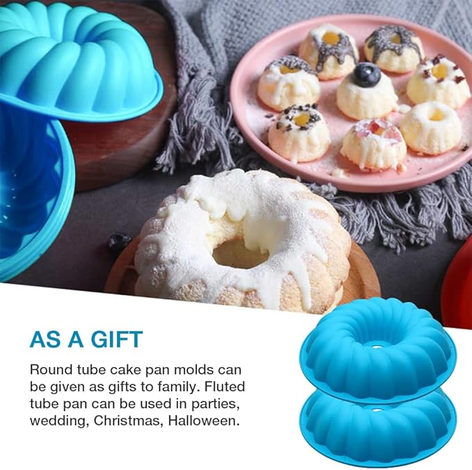 Alimat PluS 2 Pack Blue Silicone Jello Molds 9 Inch, Cake Molds for Baking, Fluted Tube Gelatin Mold, Silicone Cake Pans for Baking Jello, Pound Cake, Gelatin