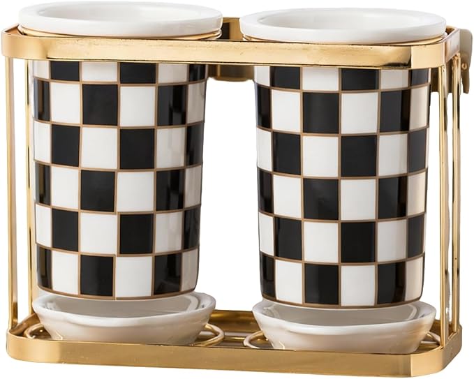 Multi-functional Ceramic Checkered Utensil Crocks, Black & White Grid Kitchen Utensil Storage, Bathroom Checkered Bathroom Toothbrush Holder, Flatware Organizer & Home Accessory (Black)