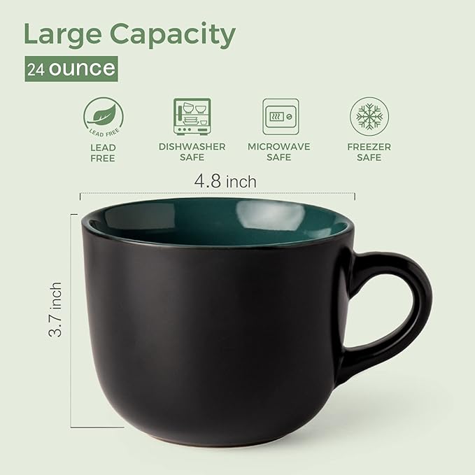 AmorArc 24 oz Soup Mugs with Handles, Jumbo Ceramic Bowls Mugs Set with handles for Coffee Cereal Cappuccino Snacks, Microwave&Dishwasher safe Soup Cups for Meal-Green
