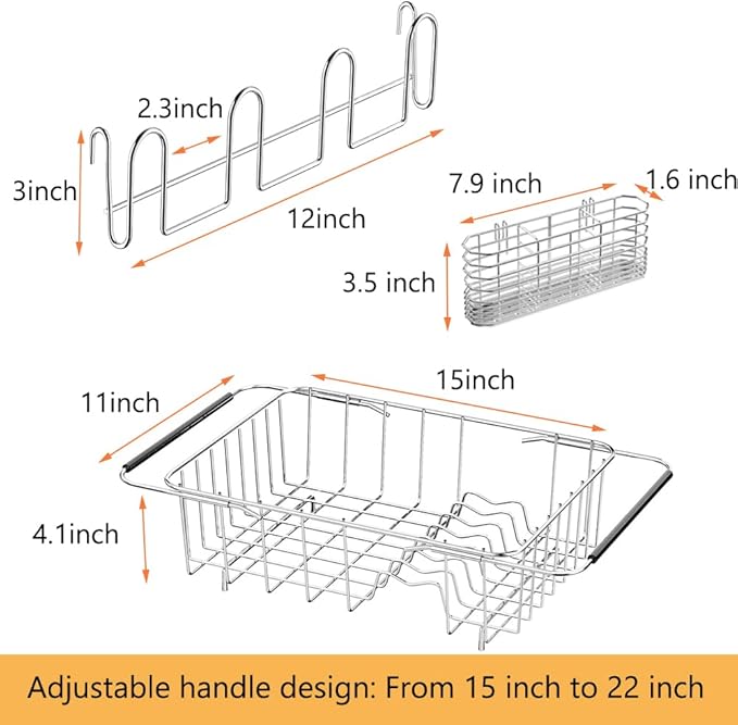 NiuYichee Stainless Steel Dish Drying Rack(15" L X 11" W X 4.1" H), Expandable Drain Rack Over Sink, Dish Drainer Rack in Sink, with Stainless Steel Utensil Holder & 4 Hooks Cup Hanger