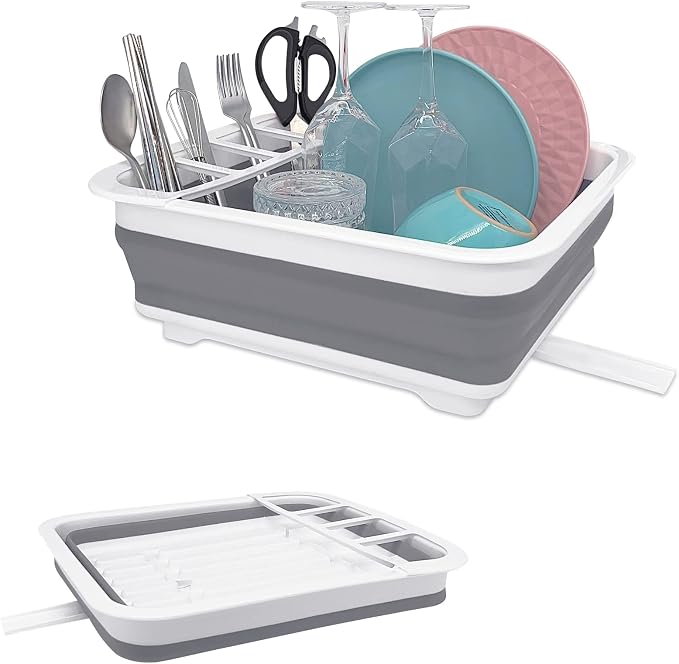 Goderewild Foldable Dish Drying Rack with Drain Plug and Swivel Spout - Lightweight, Compact and Space-Saving Dish Drainer Organizer for Kitchen, RV, Campers and Travel Trailers