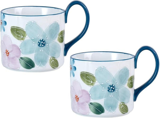 KAMMAK Ceramic Coffee Mug, 13.5oz Blue Mugs Set of 2, Novelty Cup for Tea, Juice, Milk, Cute Porcelain Water Cups with Handle for Women, Dishwasher and Microwave Safe