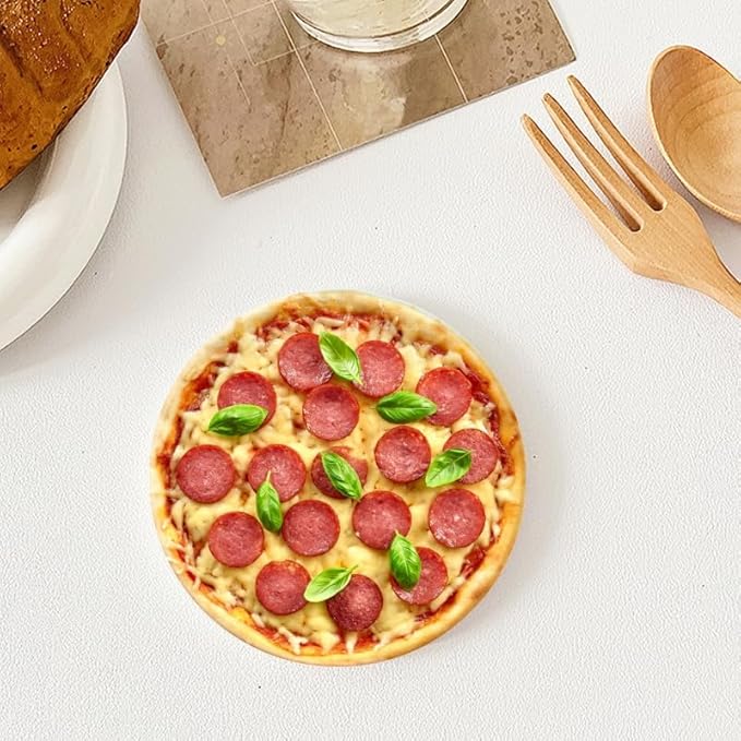 Ceramic Stone Cork Coasters for Drinks Tableware, Pepperoni Pizza with Mozzarella Cheese Round Absorbent Durable Aesthetic Art Cup Mat Protects Tables and Surfaces Set of 1 (4 * 4 Inch)