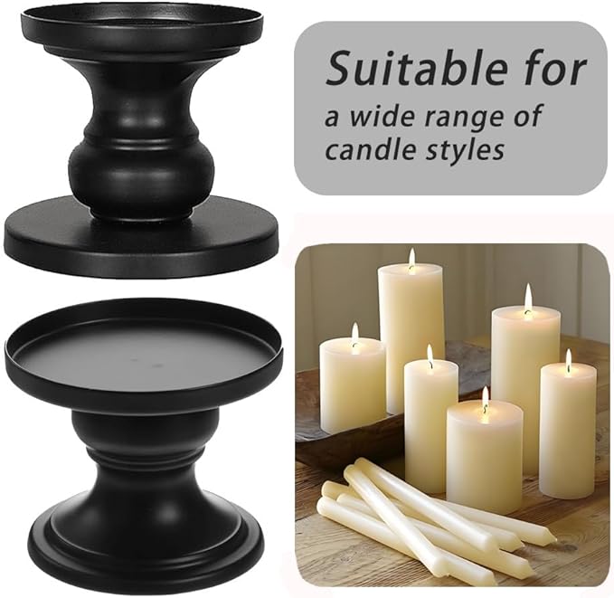 Matte Black Iron Pillar Candle Holders - Set of 2 Candlestick Holders, Metal Candle Holder for Pillar & Taper, Table Mantle Fireplace Farmhouse Home Decor