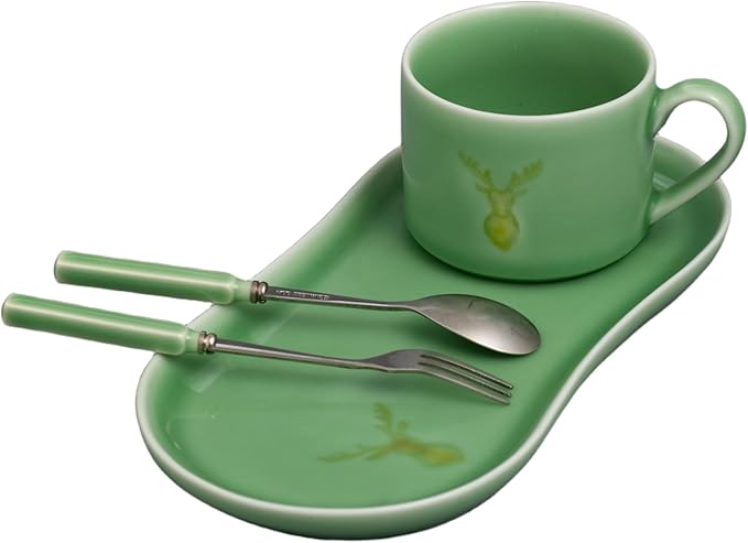 Longquan UNESCO Heritage Celadon Coffee Set Double-glazed collector's edition with oval-shaped plates and tableware - handcrafted plum green glaze ceramic gift box (1, Plum green glaze)