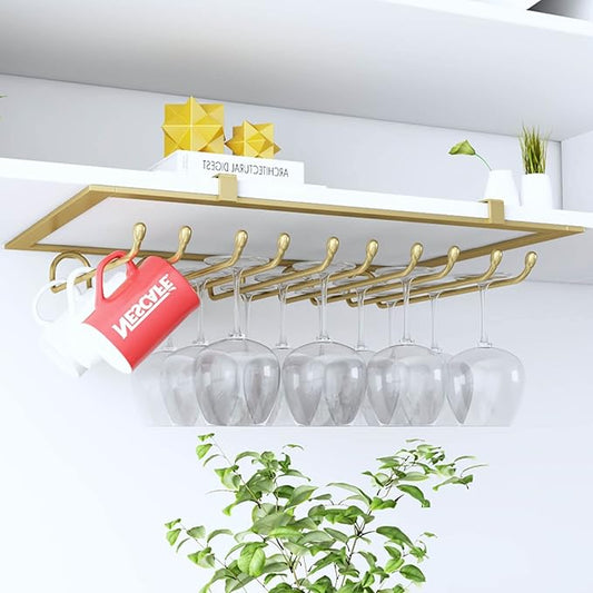 Glass Stemware Wine Rack, Hanging Wine Storage Holder for Under Cabinet Kitchen Bar Display Shelf with Glass Cup Champagne Organizer (Size : Gold)